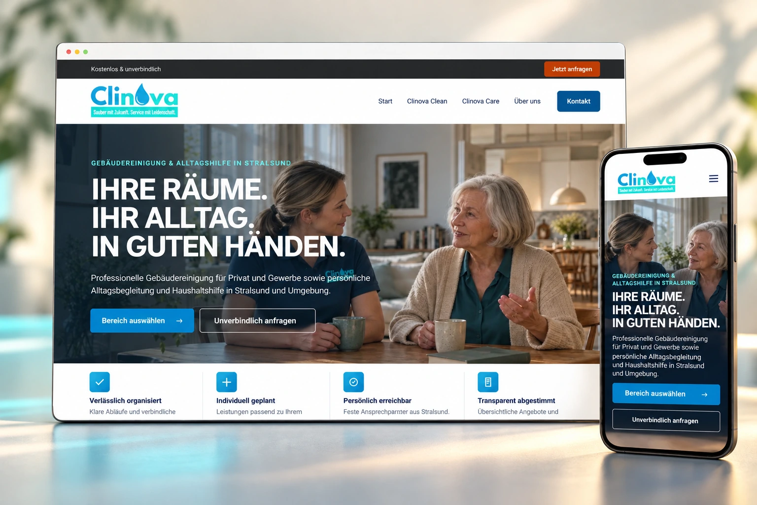Präsentationsmockup des Clinova-Designs mit Desktop- und illustrativer Smartphone-Ansicht