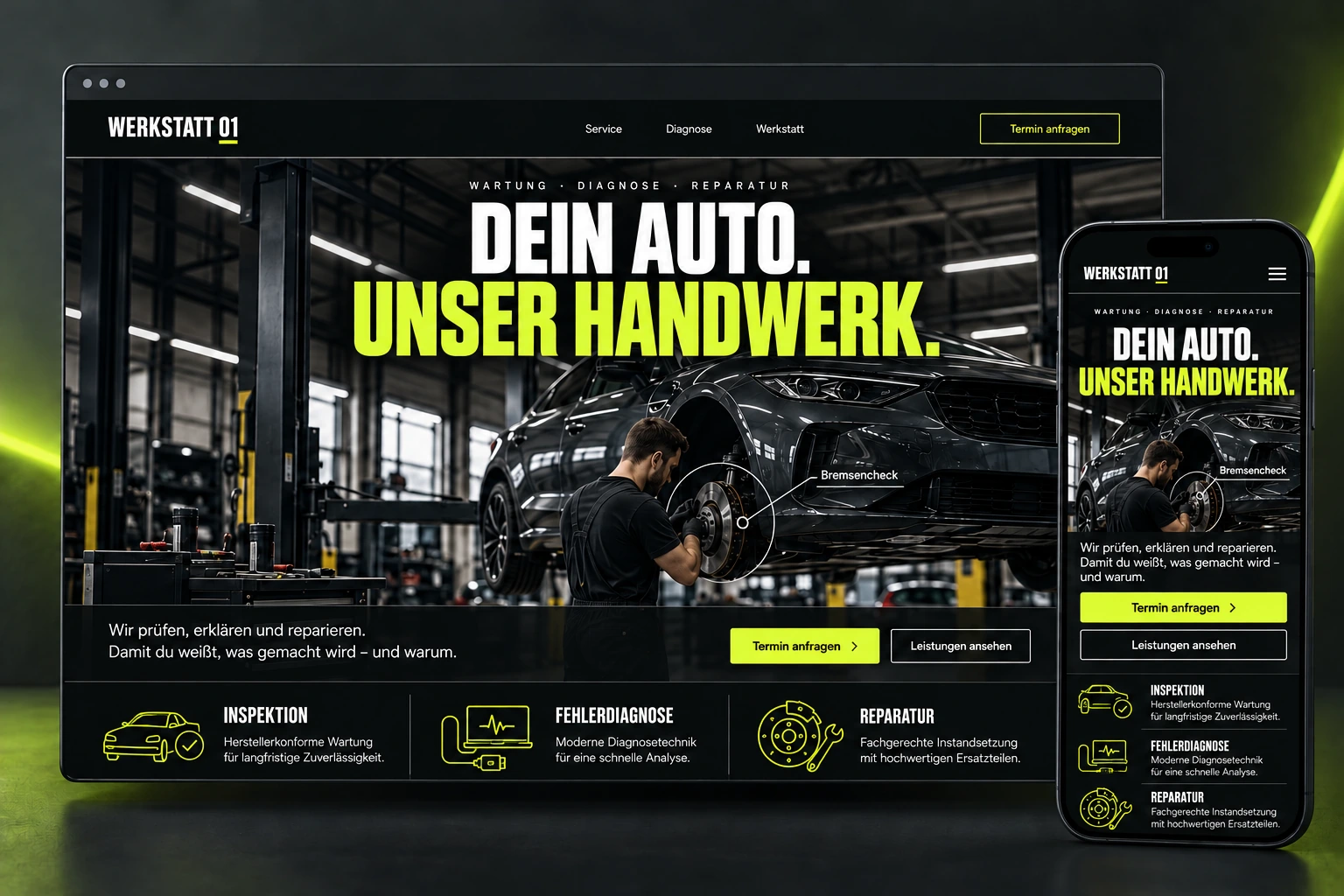 Präsentationsmockup des Autowerkstatt · Designstudie-Designs mit Desktop- und illustrativer Smartphone-Ansicht